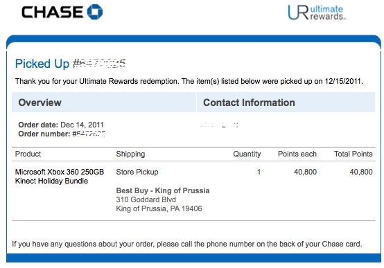 ultimate rewards confirmed pick up email
