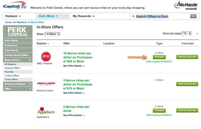 capital one perk central in store offers